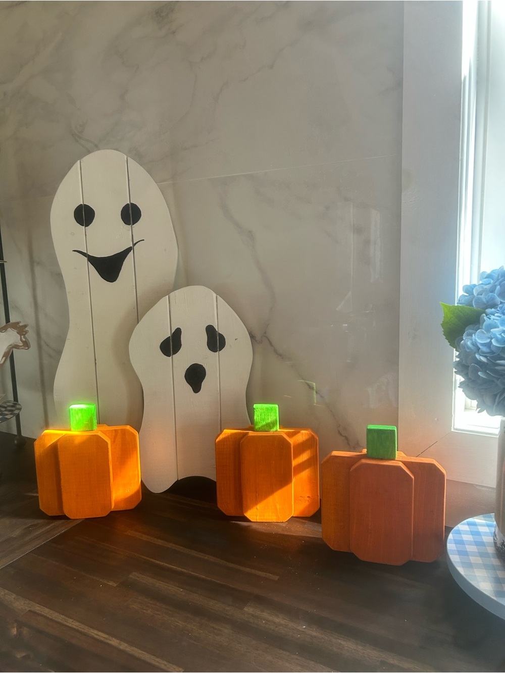 Wooden Orange Pumpkin and White Ghost Set - Seasonal Home Accent